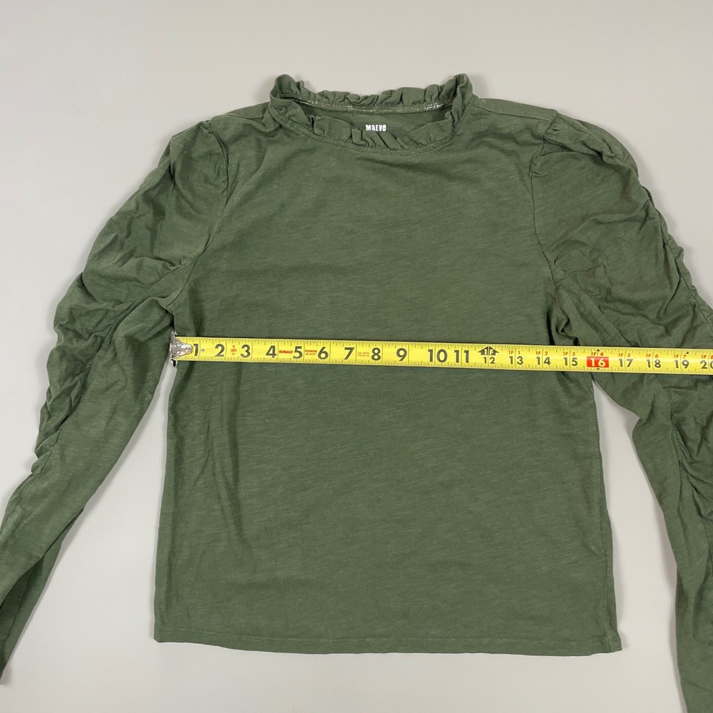Maeve Anthropologie Olive Green Ruffle Neck Ruched Puff Sleeve Knit Top Small - Picture 3 of 7